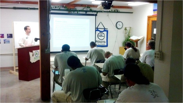 The author instructs fellow inmates on the first day of Roots of Success classes at Washington State Penitentiary.  Photo by R. Branscum.