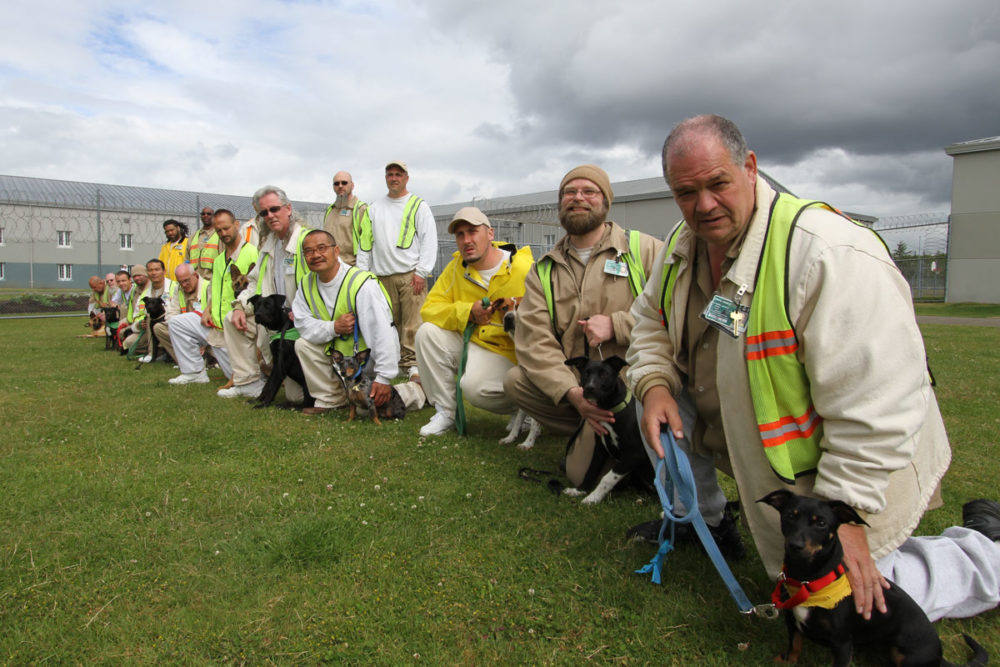 Dog handlers of Freedom Tails at Stafford Creek Corrections Center pose for Atsuko Otsuka, freelance journalist and author, consultant for the Guide Dog Puppy-Raising Program and the Horse Program at Shimane Asahi Rehabilitation Program Center in Japan