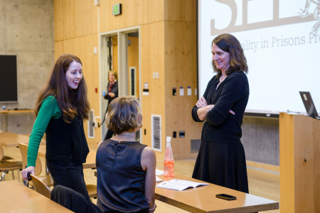 Dr. Carri LeRoy (right), faculty at The Evergreen State College and Co-Director of SPP, prepares for a talk at SPP's ten year celebration. Photo by Dani Winder.