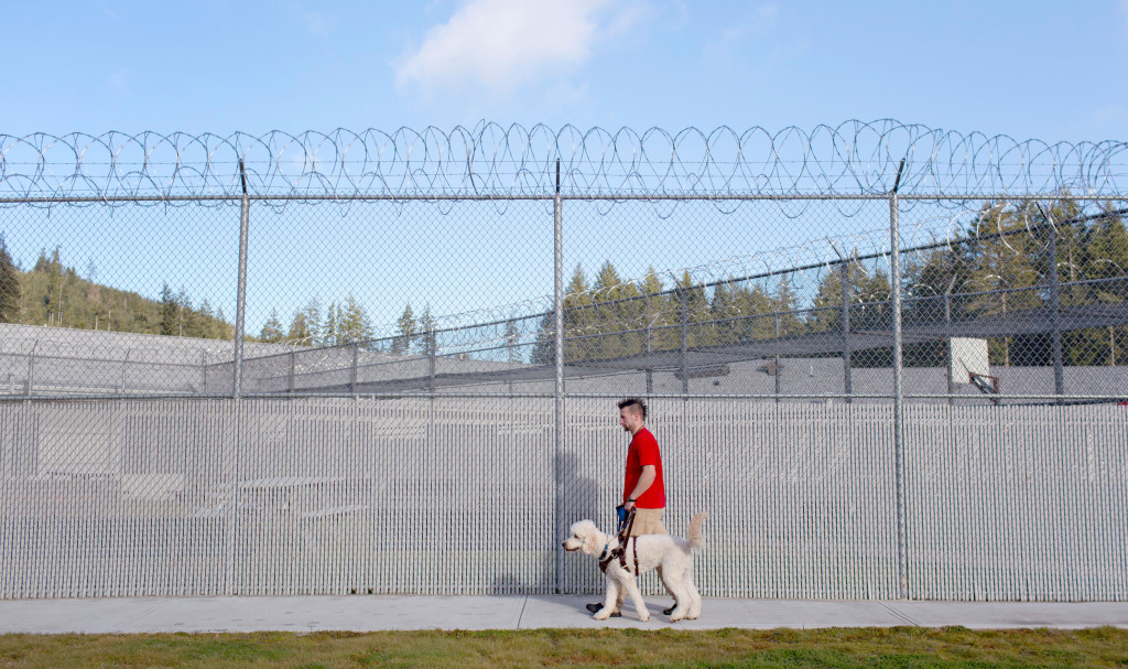 An inmate at Cedar Creek Corrections Center trains a dog for service work with veterans; this SPP program is in partnership with Brigadoon Service Dogs. Photo by Mike Kane.