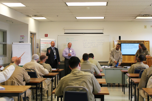 Superintendent Pat Glebe and Deputy Director of Prisons Scott Frakes visit the class