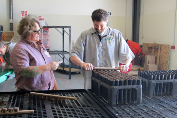 Plant ecologist and horticulture educator Gretchen Grabber works with an inmate technician filling tray for seed sewing. Photo by CRCC staff.