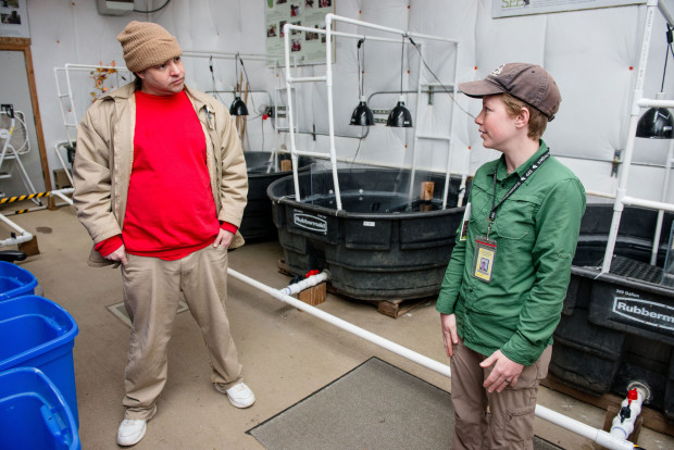 Turtle Technician Anglemyer and SPP Turtle Coordinator Sadie Gilliom discuss preparation for release. Photo by Shauna Bittle, Photographer for The Evergreen State College