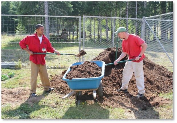 Two people shovel compost into a wheelbarrow.
