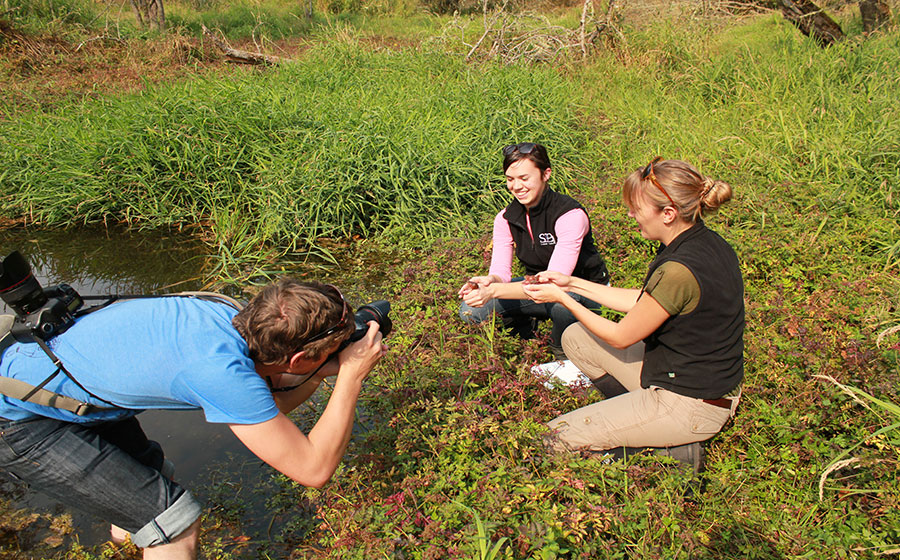 Graduate Research Assistants Andrea Martin and Brittany Gallagher releasing Oregon Spotted Frogs at JBLM, September 2012.