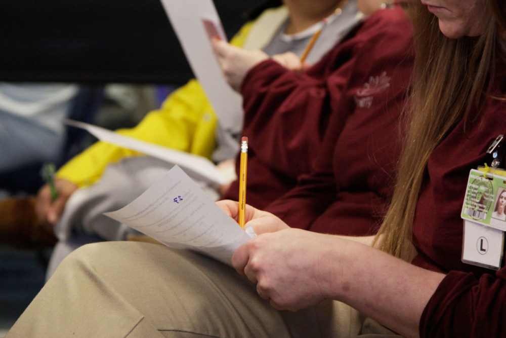 Students of SPP's environmental workshop series at WCCW consider their program surveys. Photo by Keegan Curry. 