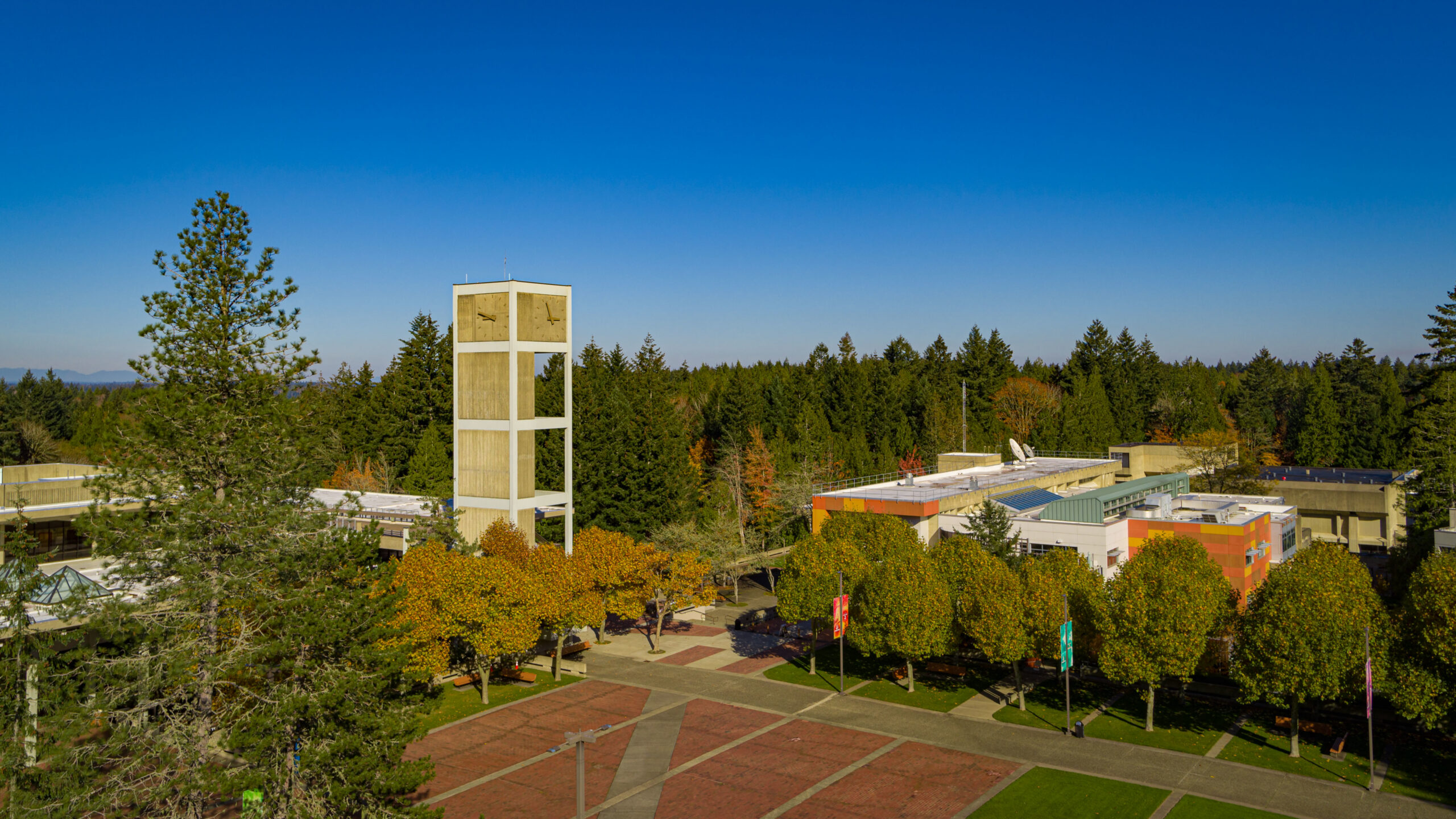 Aerials of The Evergreen State College take in the fall of 2020.